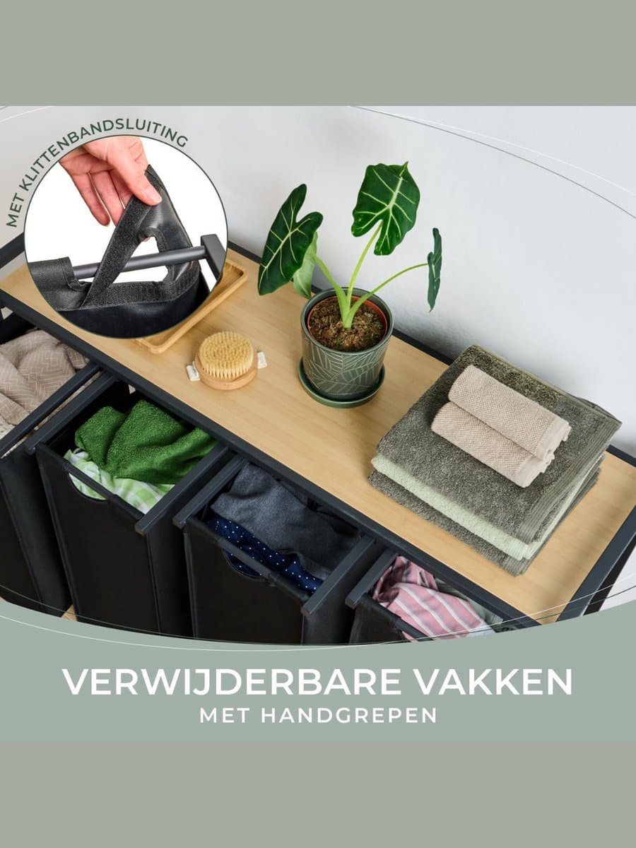 MMM® Wasmand 4 Vakken - Wasbox - Wassorteerder - met Plank in Bamboe-Look - met Metalen Frame in Zwart - Zwart — afbeelding 1