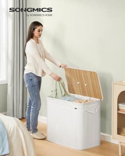 SONGMICS Wasmand met deksel, 3 compartimenten, 170 liter, bamboe wasmand, opvouwbare waszak, afneembaar en machinewasbaar, met handgrepen, voor wasruimte of slaapkamer, wit – LCB013W01 — thumbnail 4