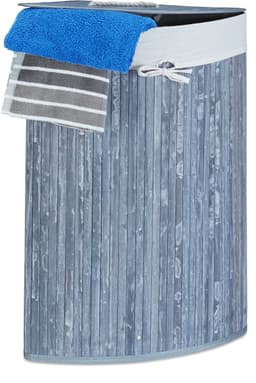 3x wasmand hoekmodel bamboe - 60 liter - deksel - wasbox - driehoekig - grijs — thumbnail 3