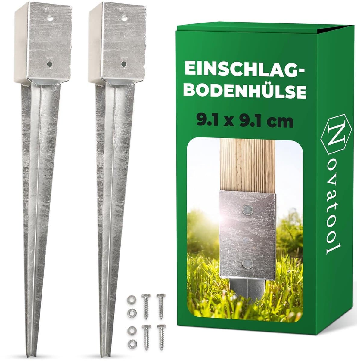 Novatool 2x Grondhulsset 91x91x750 mm, Grondhuls Parasolpaalsteunen Hekpaal Houten paal Grondhulzen Inslaghuls Grondanker Grondpen voor inslaan, Verzinkt, met schroeven — afbeelding 1