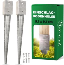 Novatool 2x Grondhulsset 91x91x750 mm, Grondhuls Parasolpaalsteunen Hekpaal Houten paal Grondhulzen Inslaghuls Grondanker Grondpen voor inslaan, Verzinkt, met schroeven — thumbnail 1