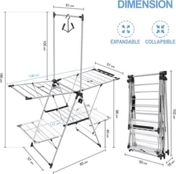 Droogrek met hoog hangende kleerhangers, opvouwbaar droogrek met 2 niveaus voor de wasgoed, wasrek met in hoogte verstelbare gullwings — thumbnail 5