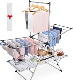 Droogrek met hoog hangende kleerhangers, opvouwbaar droogrek met 2 niveaus voor de wasgoed, wasrek met in hoogte verstelbare gullwings — thumbnail 1