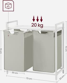 Wasmand 2 vakken – uitschuifbare wassorteerder met plank - 73 x 33 x 72 cm – metaal - Wit — thumbnail 2