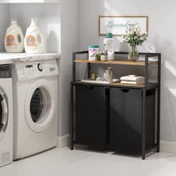 Dubbele Wasmand Opbergrek 95L - Uittrekbare Wasmand met Grote Plank - Wassorteerder voor Wasruimte Slaapkamer - Zwart wassorteerder — thumbnail 2