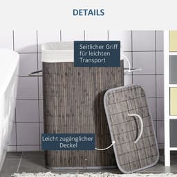 HOMCOM-Wäschekorb-Bambus, Metall-43L x 32B x 61H cm-Grau — thumbnail 5