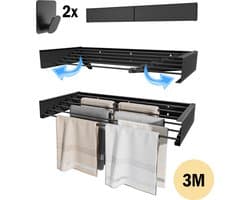 PLAY IT Wanddroogrek 60cm Inklapbaar Zwart - 3 Meter Drooglengte - Wasrek/Droogrek Hangend + 2 Handdoek Haakjes — afbeelding 1
