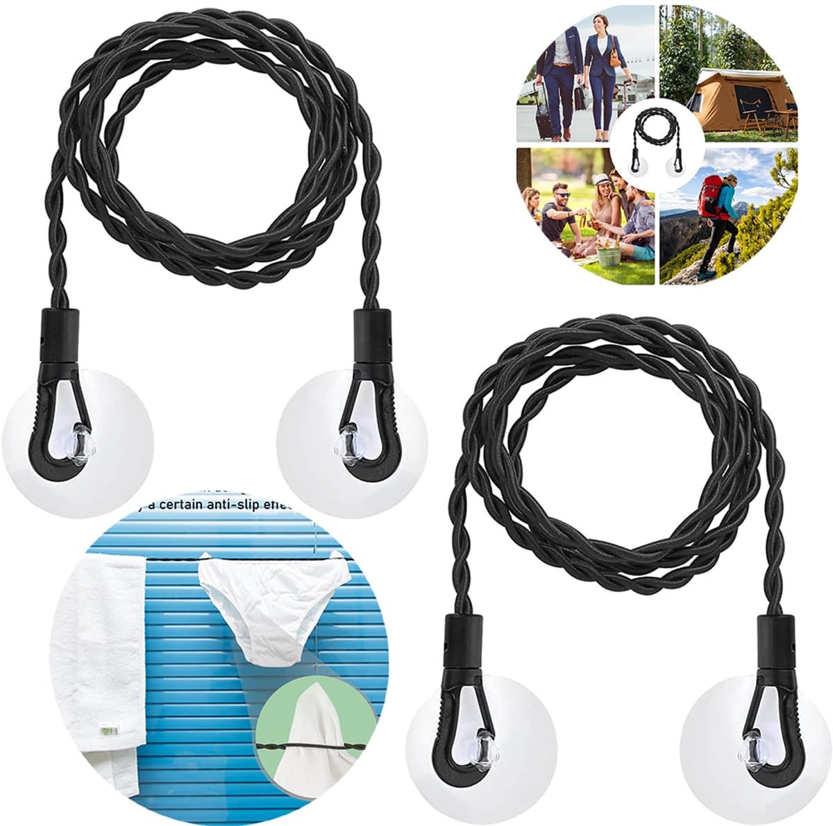 2 stuks - Uitschuifbare waslijn - Draagbare elastische waslijn - Winddichte hanger voor buiten kamperen - Reis waslijn - Waslijn - Onzichtbare waslijn - Zwart — afbeelding 1