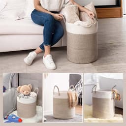 Wasmand Katoen - Opbergmand 40 ltr - Gevlochten mand - Wasmand opvouwbaar - Met handvaten - 100% Handgeweven Biologisch Katoen - Dekenmand - Speelgoedmand - Stevig - Linnen-look - Wit/Beige — thumbnail 3