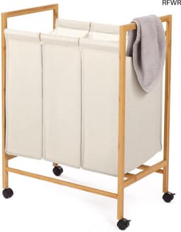 RFWR® Wasmand met 3 Vakken van Bamboe en Wielen – Praktische Oplossing voor het Sorteren van Wasgoed — thumbnail 1