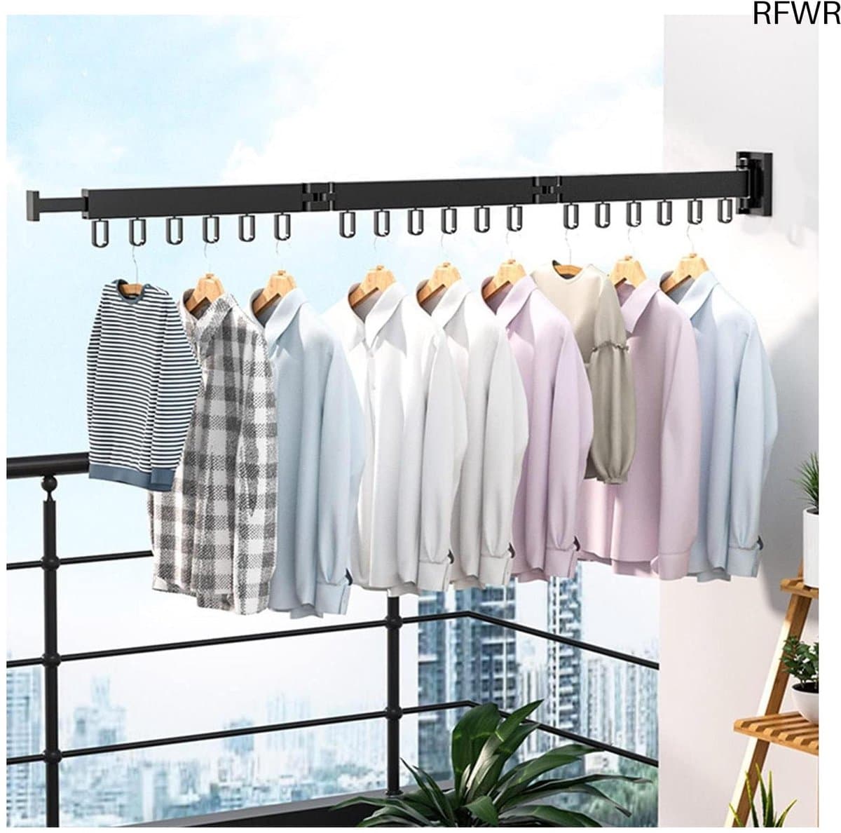 RFWR® Uittrekbaar Wandwasrek 120 cm met 18 Haken en Handdoekhouder – Inklapbaar en Ruimtebesparend — afbeelding 1