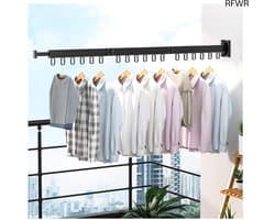RFWR® Uittrekbaar Wandwasrek 120 cm met 18 Haken en Handdoekhouder – Inklapbaar en Ruimtebesparend