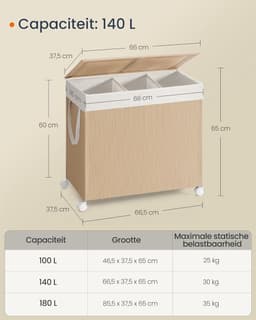 Merkloos Markless Wasbox met deksel en 3 vakken - 140L, verrijdbaar — thumbnail 2