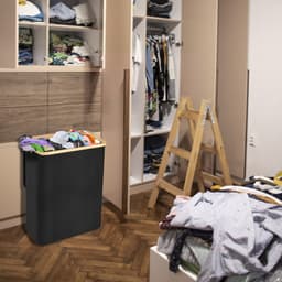 Wasmand 3 vakken - Wassorteerder van bamboe met Oxfordweefsel - Met Deksel opvouwbaar Opbergmand - 140L - Zwart — thumbnail 3