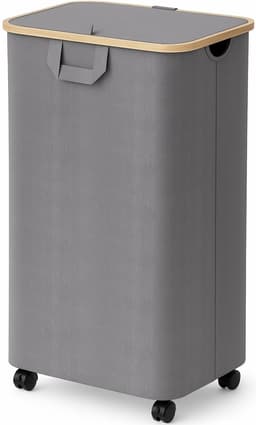 Posity Wasmand op Wielen – 100 Liter – Opvouwbaar – Met Deksel & Handvaten – Wasmand Stof - Bamboe - Laundry Basket - Incl. Waszak - Grijs — thumbnail 1