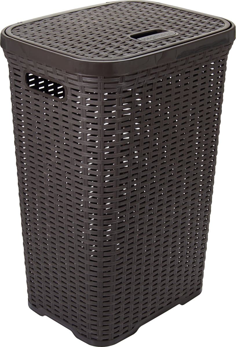 Hega Hogar Wasmand met deksel Rotan - donkerbruin - gevlochten kunststof - 60 liter - 34 x 43 x 62 cm — afbeelding 1