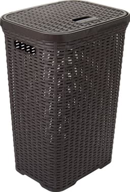 Hega Hogar Wasmand met deksel Rotan - donkerbruin - gevlochten kunststof - 60 liter - 34 x 43 x 62 cm — thumbnail 1