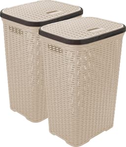 Hega Hogar Wasmand met deksel Rotan - 2x - beige - gevlochten kunststof - 60 liter - 34 x 43 x 62 cm — thumbnail 1
