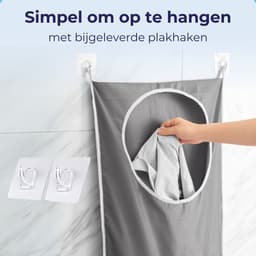 Ophangbare Wasmand - 77x50 cm - Grijs - Opvouwbare Wasmand - Plakhaakjes Zelfklevend - Deurhaakjes - Rits — thumbnail 2