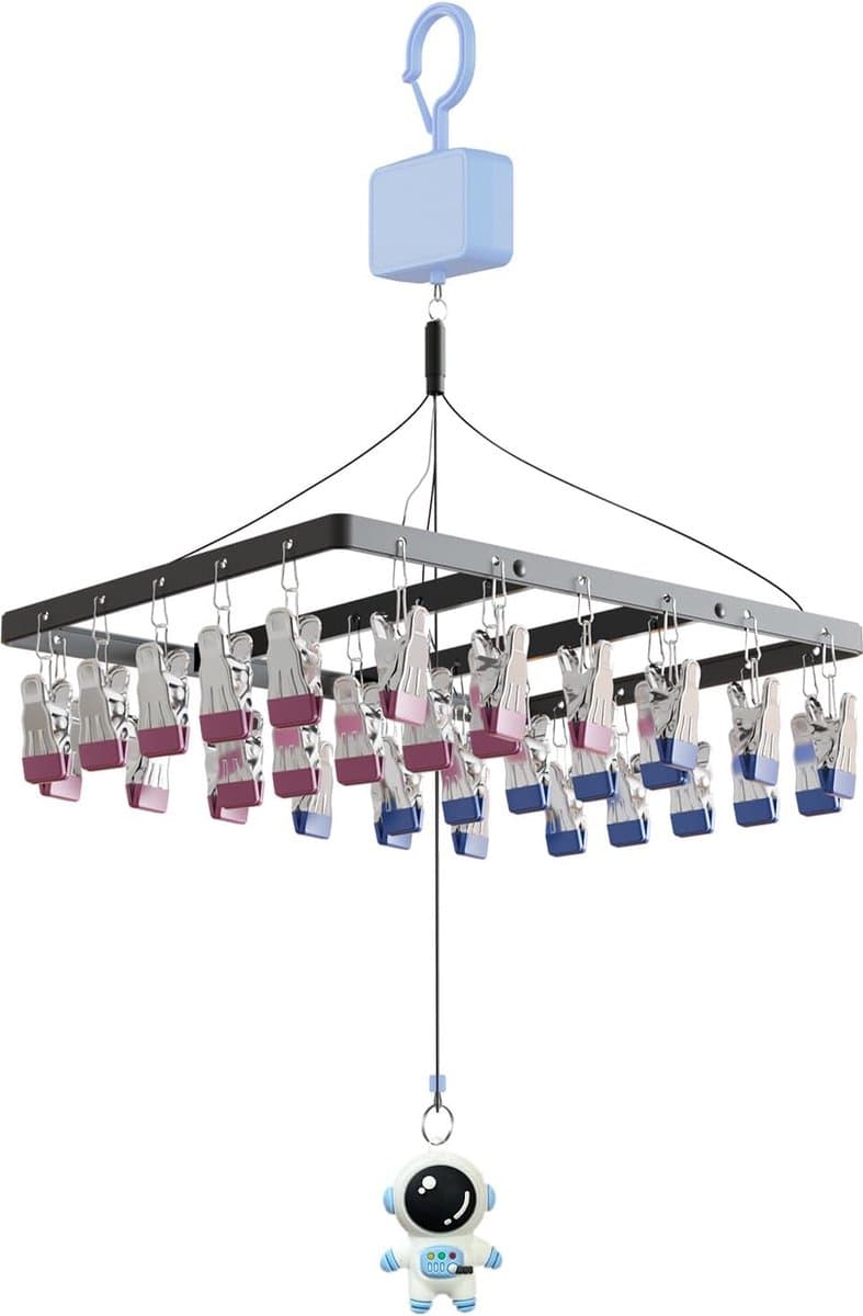 Hebbare sokken-droger, wasrek, hangend sokkendroger met 30 clips, zwart metalen kleerhanger, in hoogte verstelbaar, winddicht droogrek voor ondergoed, babykleding, sokken — afbeelding 1