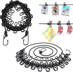 2 stuks draagbare waslijn camping, elastische waslijn, uittrekbaar, reiswaslijn met 12 stuks klemmen en 13 stuks positionering welvingen voor reizen, vakantie, outdoor, camping, slaapzaal — thumbnail 1