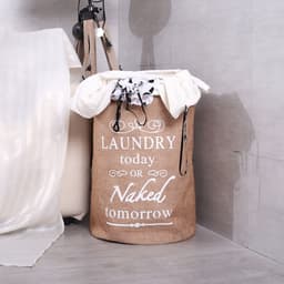 Ronde Wasmand met deksel- 50 L - Tekst LAUNDRY TODAY OR NAKED TOMORROW - Badkamer wasmand afsluitbaar - Waszak - Beige — thumbnail 3