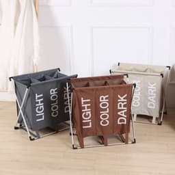 Wassorteerder - 90L - Wasmand 3 Vakken - Opvouwbare Wasmanden - Organizer - Wassorteerder 3 vaks - Alu Frame - Bruin — thumbnail 4