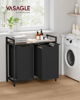 Dubbele industriële Wasmand – 2-delig Was Sorteerder met uitneembare Zakken en Plank – Metalen Frame – Camelbruin/Zwart — thumbnail 4