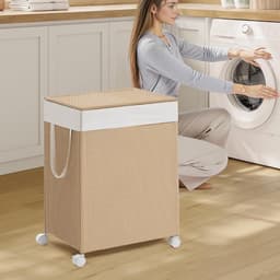 Dubbele wasmand met verdeler 46,5×37,5×65 cm 100L, met wielen, deksel, handvat en afneembare waszak, rotan-look, stevig en duurzaam, water- en verouderingsbestendig, geschikt voor wasruimte en badkamer — thumbnail 3