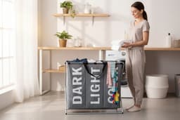 Enluxe Wasmand met 3 Compartimenten – Opvouwbare Wasbox met Aluminium Frame – Waterdicht – 130L – Grijs/Wit — thumbnail 2