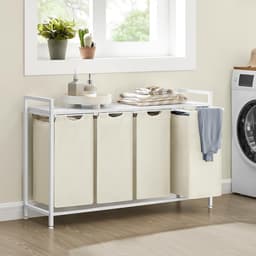 Wasmand 4-vaks sorteermand 116×33×72 cm Wit-grijs Met uittrekbare en afneembare waszakken Lattenrek voor ventilatie Stevig metalen frame Geschikt voor wasruimte, badkamer en slaapkamer — thumbnail 3