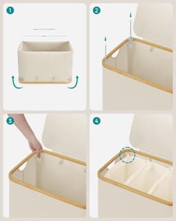 SONGMICS LCB515W01 Wasmand met 3 vakken, 150 liter, wasmand met opvouwbaar deksel, afneembare waszak, oxfordstof, handgrepen van bamboe, opvouwbaar, 60 x 38,5 x 70,5 cm, crèmewit — thumbnail 3