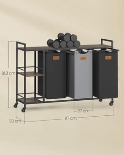 Wasmand - 3-delig met Rek - 150 Liter – Wassorteerder – Industriële Opbergrek voor Wasruimte - 117x33x80,5cm — thumbnail 2