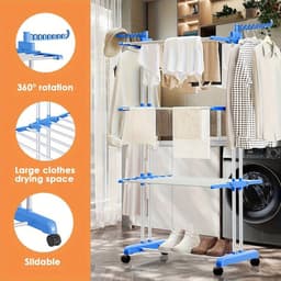 3-Laags Wasdroogrek met Verstelbare Stangen en Wielen – Opvouwbaar Droogrek met Hangers – Geschikt voor Binnen & Buiten — thumbnail 1