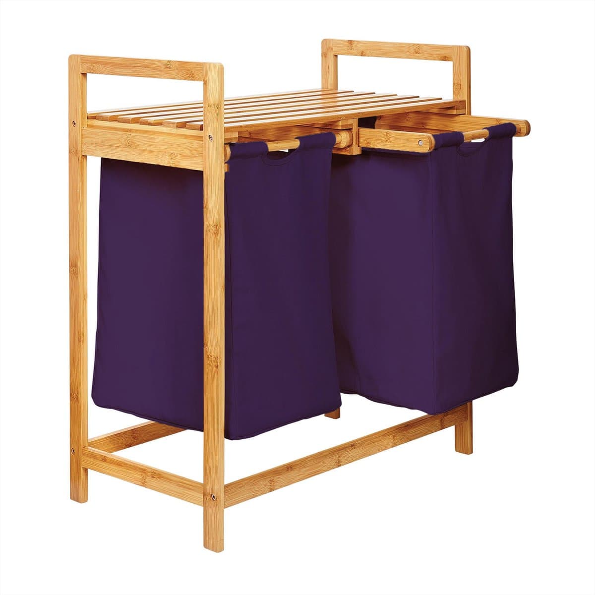 Lumaland Wasmand van bamboe - met 2 uitschuifbare waszakken - 60 L - Purper — afbeelding 1