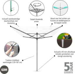 Brabantia Lift-O-Matic Droogmolen - 60 m - met Grondanker en Beschermhoes - Metallic Grey — thumbnail 5