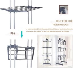 Wasrek op 3 Etages met Parkeerrem Wielen - Roestvrijstalen Buizen - Maximale Belasting 38 KG - Grote Capaciteit - Maat 172 x 72 x 50cm — thumbnail 4