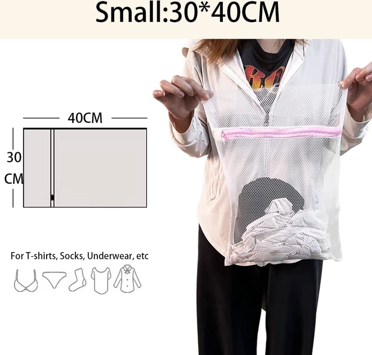 Waszak Wasmachine - 40 x 30 cm - 2 stuks - Wasnet Reizen - Laundry Bag - Waszak met Rits - Wit met Roze Rits — afbeelding 1