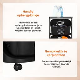 Eleganca Wasmand 3 vakken - Inhoud 82 L - Wassorteerder - Afneembare manden - Wasmand op Wielen - Ruimtebesparend - B44xD33xH109 cm - Kunststof - Zwart — thumbnail 5