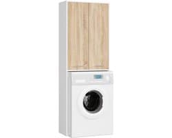 Badkamerkast voor Wasmachine FIN / Hoge Wasmachinekast met 2 Deuren / AKORD Furniture Factory / Wit - Sonoma Eik / 64 x 180 x 30 cm