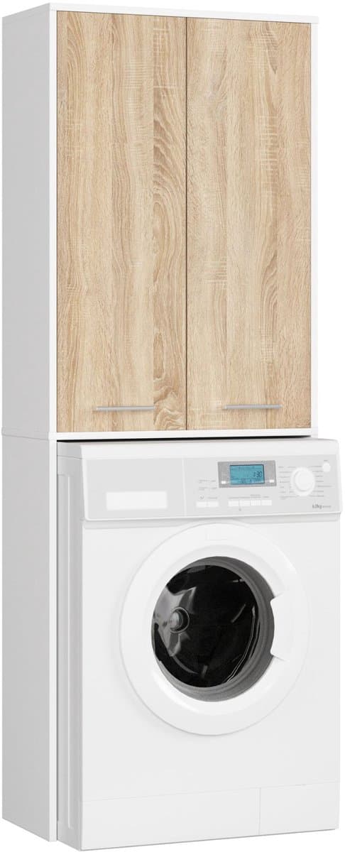 Badkamerkast voor Wasmachine FIN / Hoge Wasmachinekast met 2 Deuren / AKORD Furniture Factory / Wit - Sonoma Eik / 64 x 180 x 30 cm — afbeelding 1