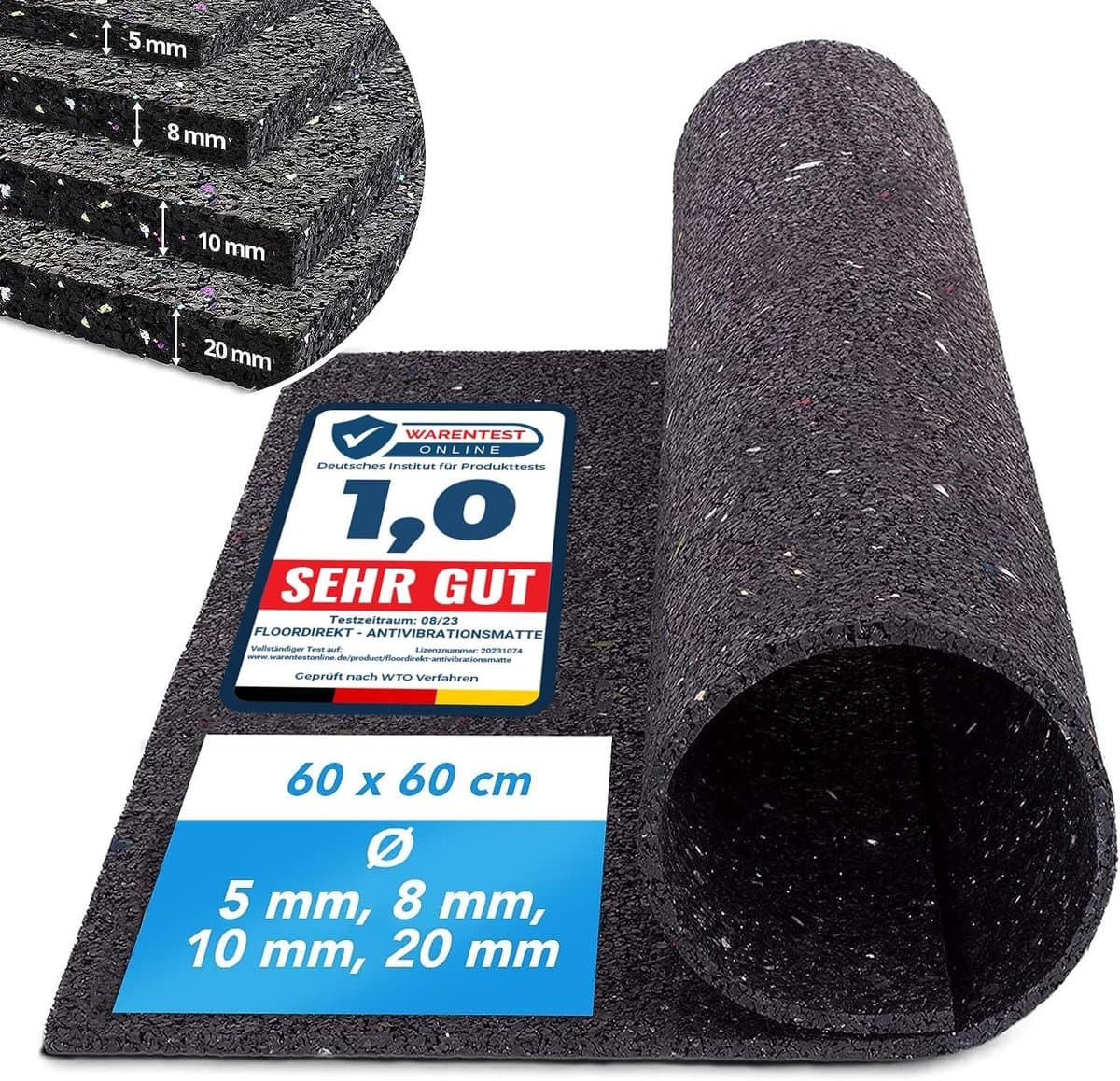 FLOORDIREKT Antitrilmat - Made in Germany - Voor Wasmachines, Drogers, enz. - Op maat te knippen - Verkrijgbaar in 4 Diktes - 10 mm - 62,5 x 250 cm — afbeelding 1
