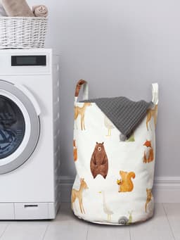 New Bed, Wasmand met Bosdieren Aquarel Stijl, Opbergmand Kinderkamer Dierenmotief met Handvatten en Koordsluiting, Speelgoedmand kinderen - Speelgoedkist - Wasbox - 33 x 48 cm — thumbnail 3