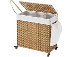 Handgeweven wasmand 140 l rotan-imitatie 3-delig afneembare zak deksel handgrepen eenvoudige montage woonkamer badkamer 66 x 33 x 60 cm houtkleur LCB363N01