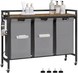 J&R Wasmand kastje - Wasmand met 3 vakken - Wassorteerder - Wasmand tafel - Waszak - Badkamerkast - Wasmand meubel - Wasmand rek - Dark brown - Zwart metaal — thumbnail 2