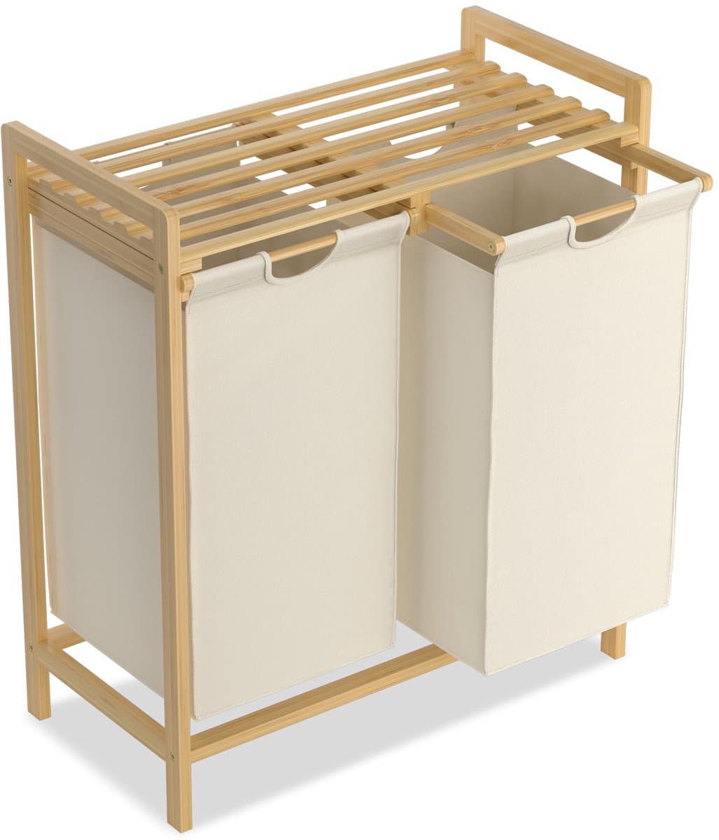 NAIZY Wasmand 2 compartimenten 36L wasbak wassorteerder met bamboe bovenplank en handgrepen wasbox waszak gemaakt van Oxford stof voor wasruimte badkamer, beige — afbeelding 1