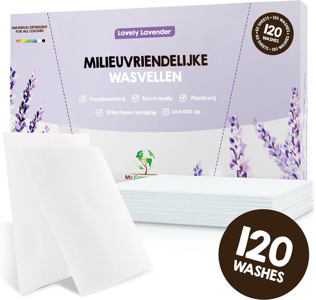 Mr. Green Mind Wasstrips - 120 Wasbeurten -- Lovely lavender- Wasmiddel Wasmiddeldoekjes incl. wasverzachter — afbeelding 1