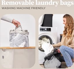 Hennez Wasmand Opbergmand 150L 3 compartimenten met deksel - Waszak Wasbaar - Rechthoekige Bamboe Wasmand met Frame — thumbnail 3