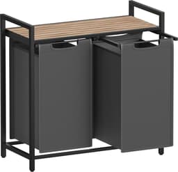 FurnStar - Wasmand - Wasmand met 2 compartimenten - Uittrekbare en verwijderbare waszakken - Wassorteerder - Plank - Metalen frame - 2 x 46L - 73 x 33 x 72 cm - Rustiek bruin en grijs — thumbnail 1