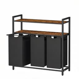 Wasmand 3-vaks kledingopslagrek met 3 uitneembare en afneembare 40L binnenzakken en 2-laags opbergplanken eenvoudig te monteren en te reinigen stevig en duurzaam metalen frame geschikt voor badkamer en wasruimte 92.5 x 33 x 92 cm bruin + zwart — thumbnail 1